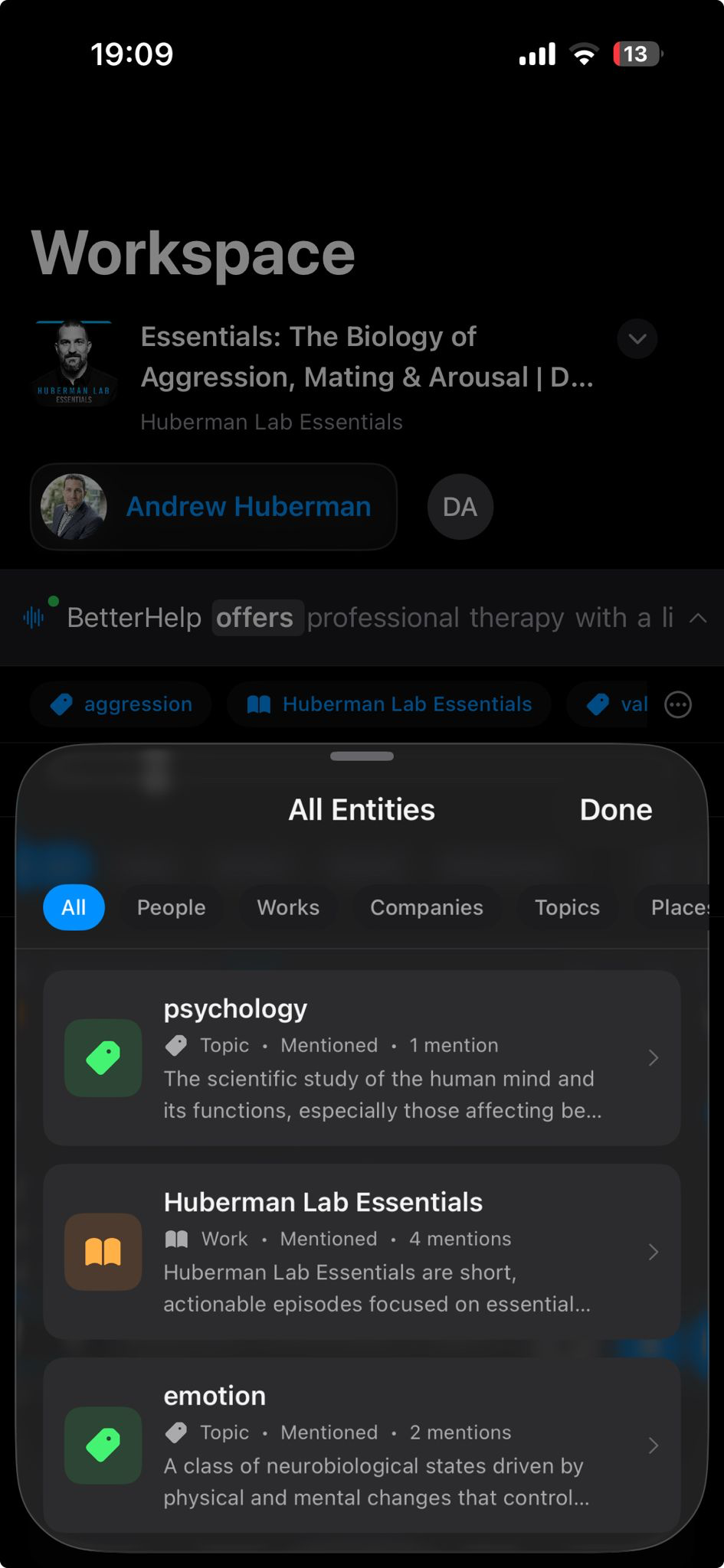 Mentions pills in the listening view on iPhone